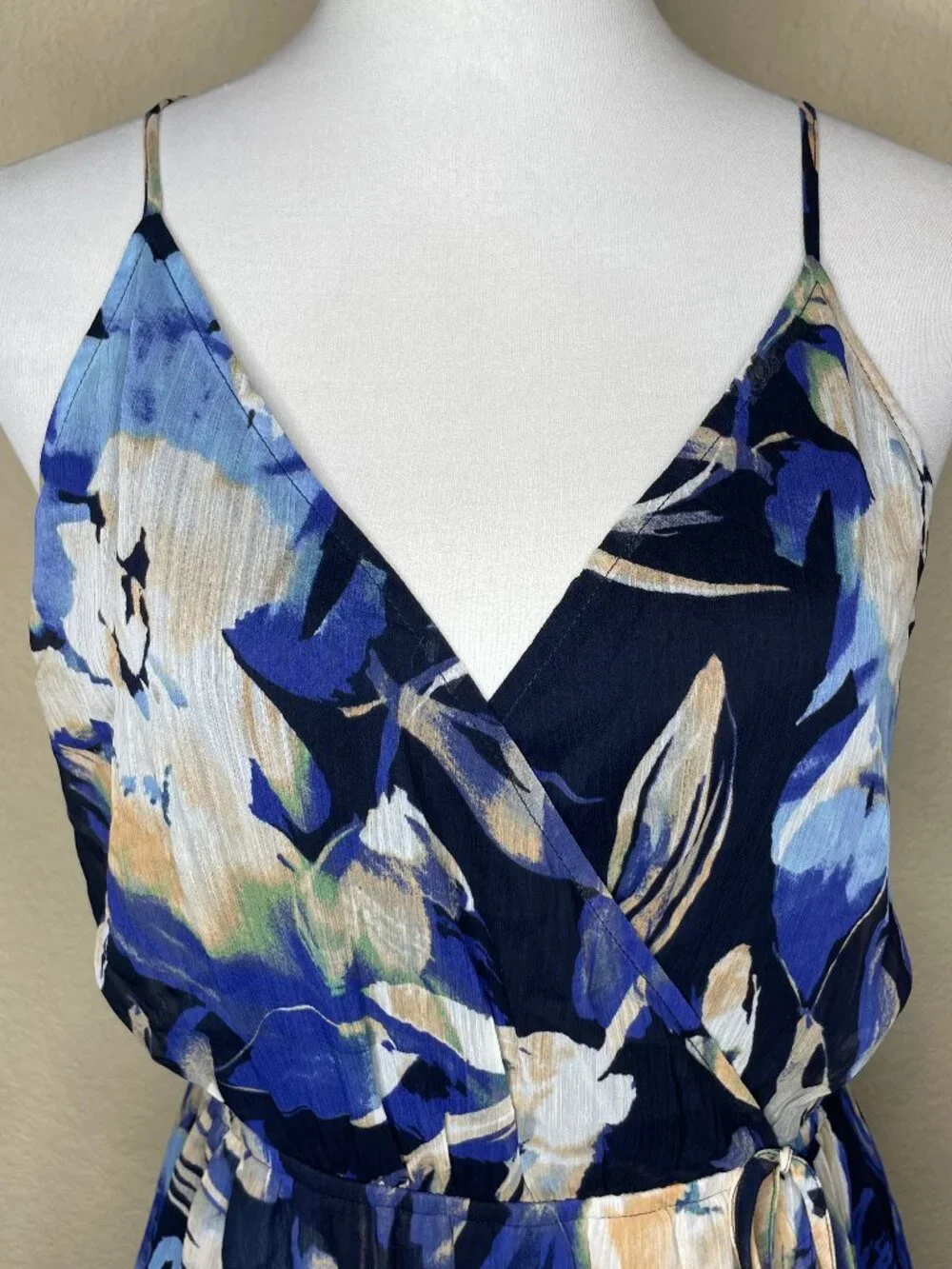 LOVESTITCH Boho Chiffon Halter Dress Blue Floral Surplice Wrap Flounce Trim L - Picture 3 of 15